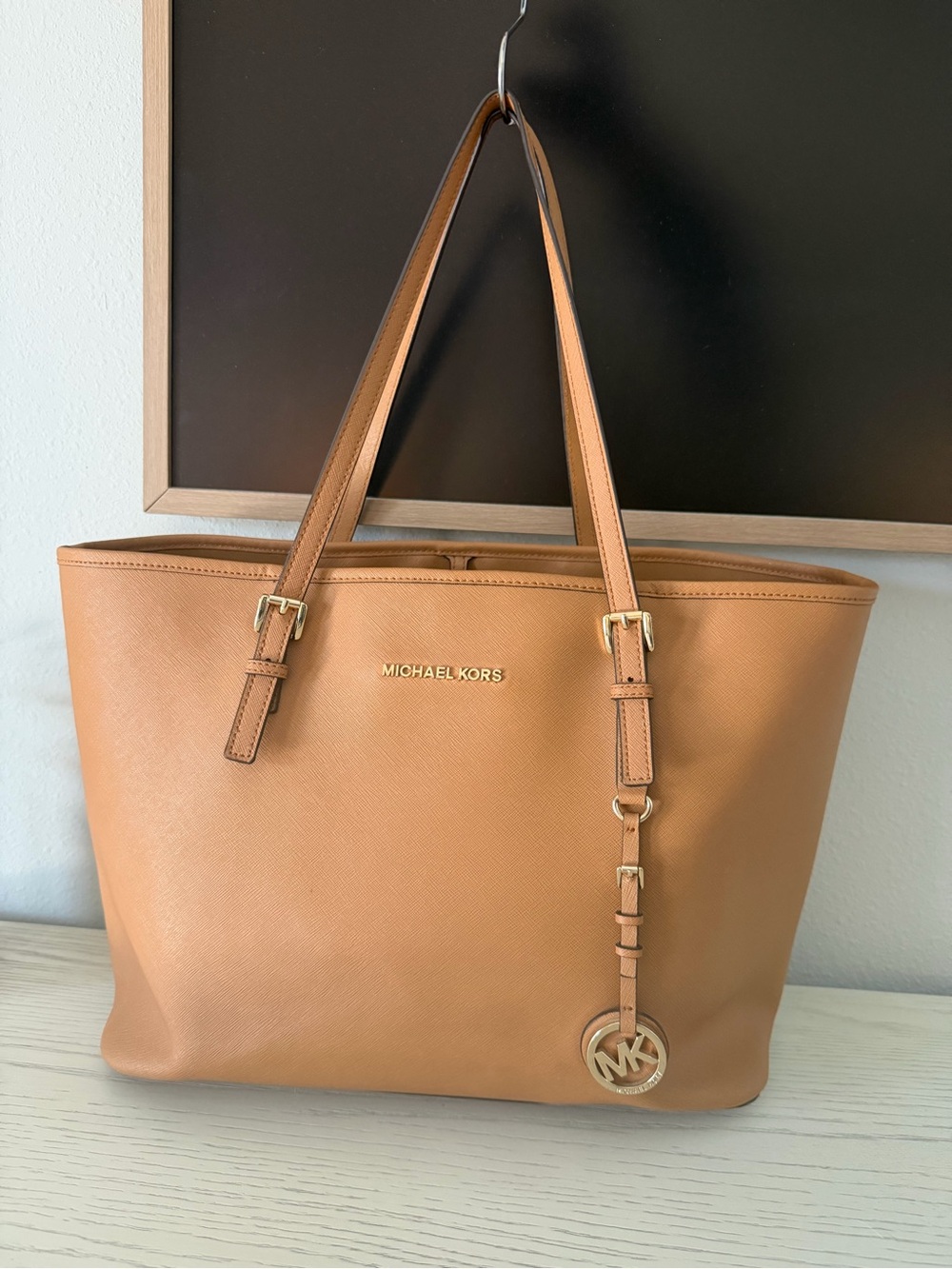 Michael Kors Jet Set Travel Large Tote Bag Luggage Brown Saffiano Leather Gold